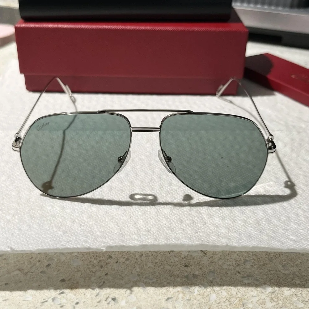 Cartier Sunglasses Mens Silver Green Aviator Metal C361 89FR Made In France